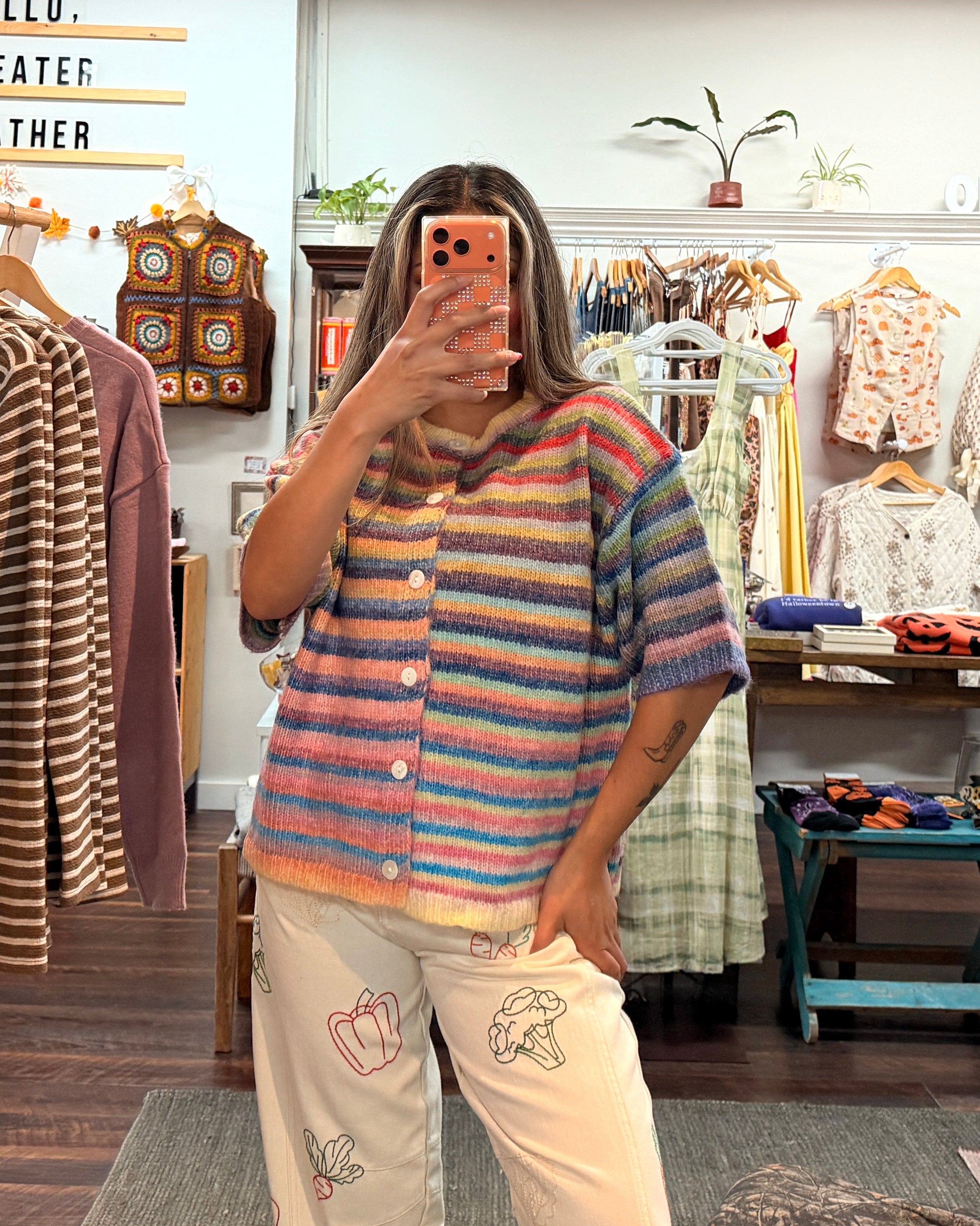 Short Sleeve Rainbow Striped Knit Cardigan