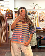 Short Sleeve Rainbow Striped Knit Cardigan