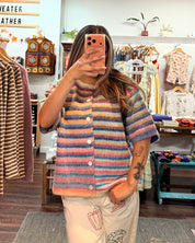 Short Sleeve Rainbow Striped Knit Cardigan