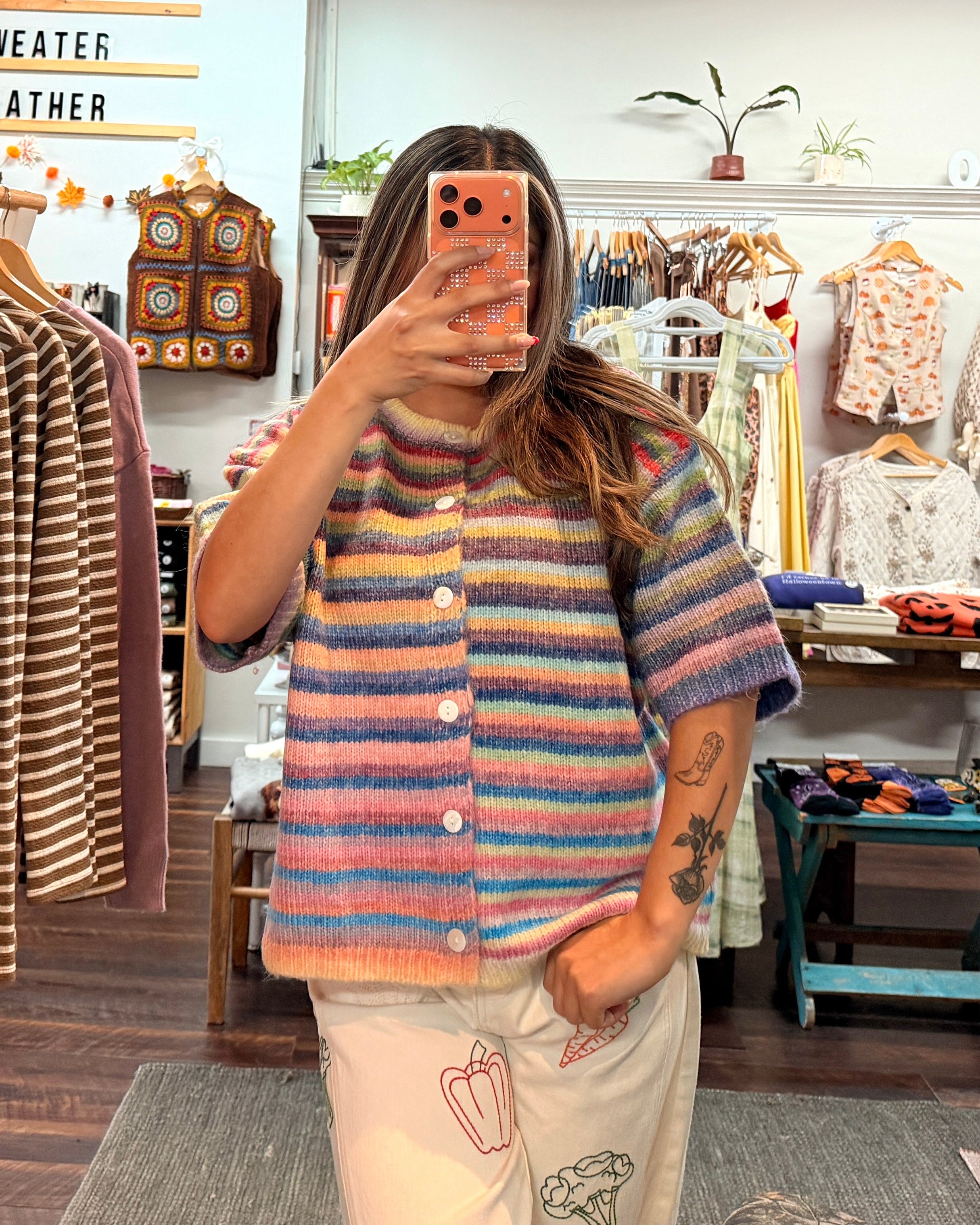 Short Sleeve Rainbow Striped Knit Cardigan