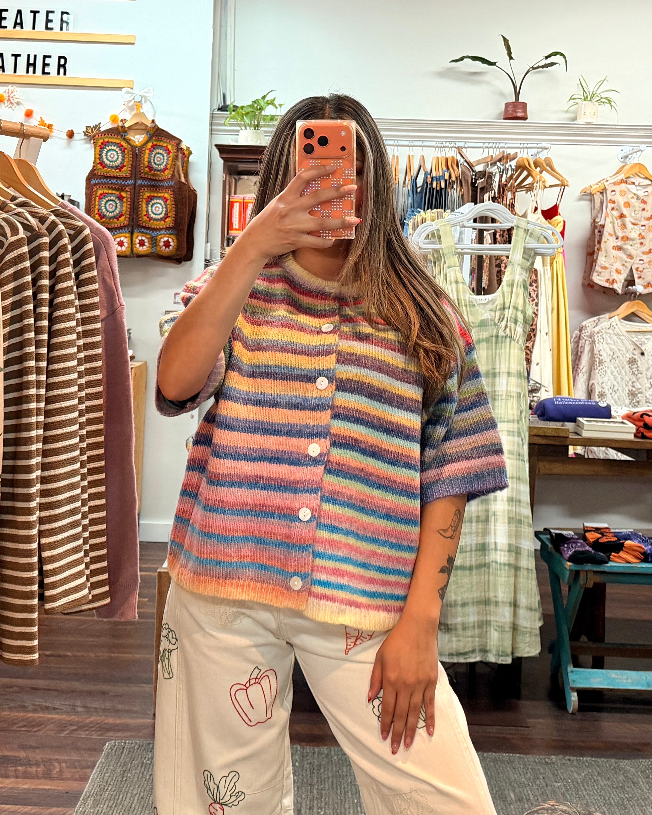 Short Sleeve Rainbow Striped Knit Cardigan