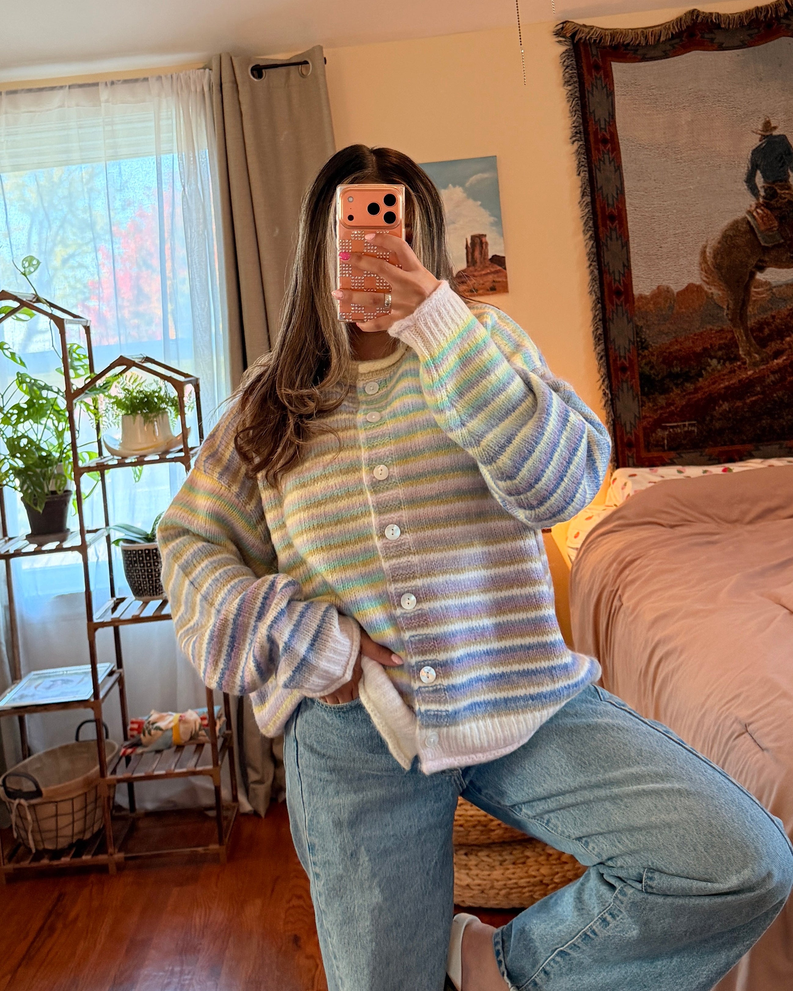Rainbow Striped Knit Cardigan - Lemon/Lavender