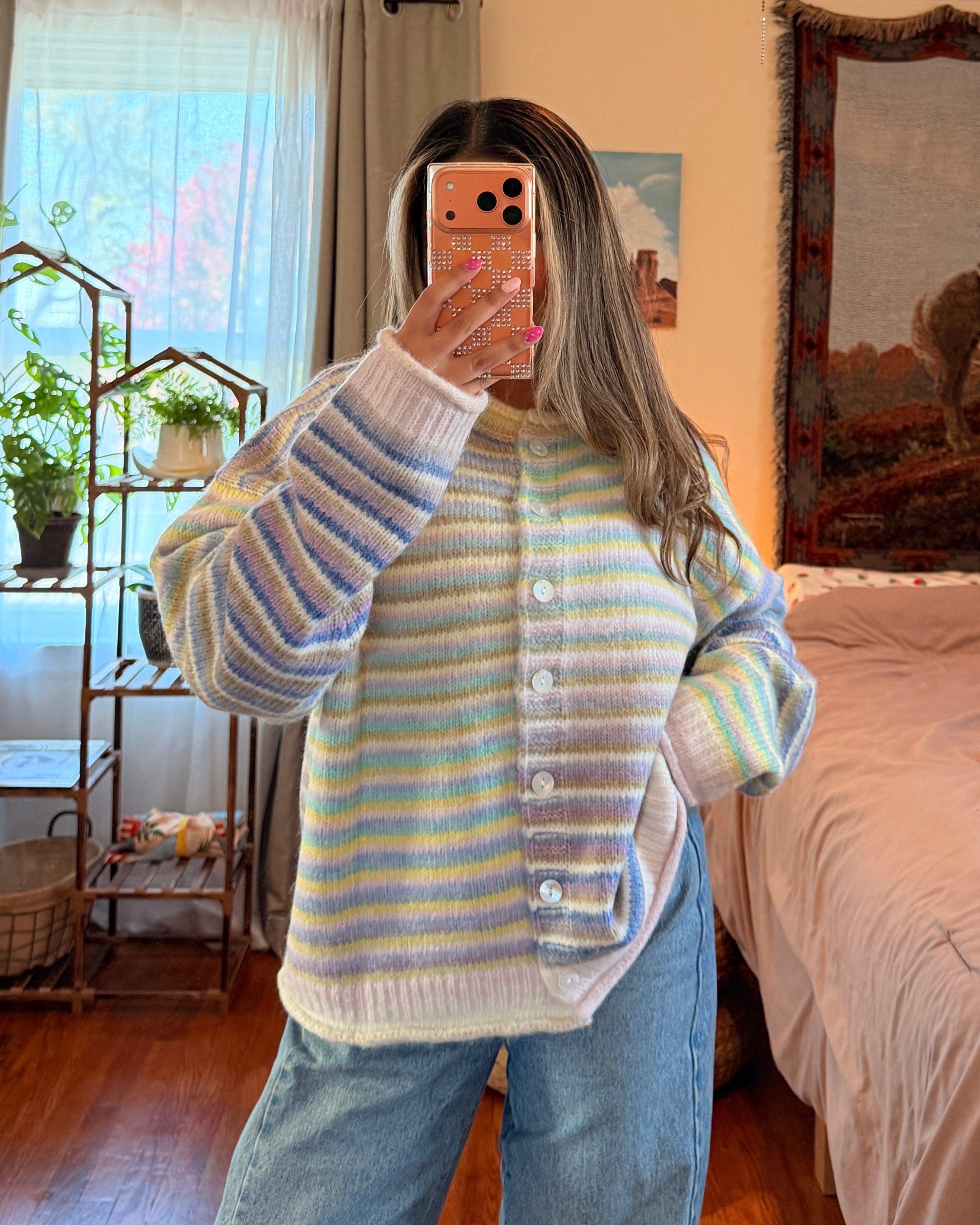 Rainbow Striped Knit Cardigan - Lemon/Lavender