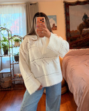 Fuzzy Pointelle Knit Collared Sweater