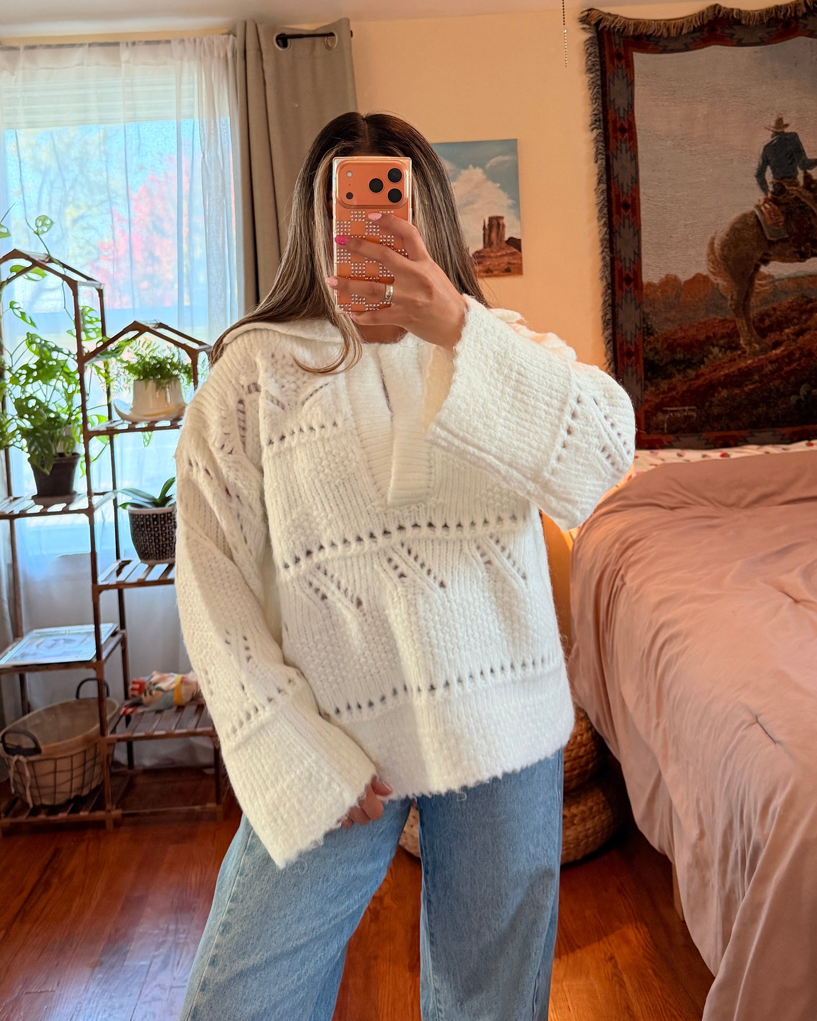 Fuzzy Pointelle Knit Collared Sweater