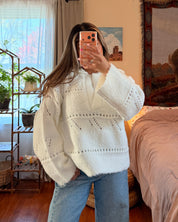Fuzzy Pointelle Knit Collared Sweater