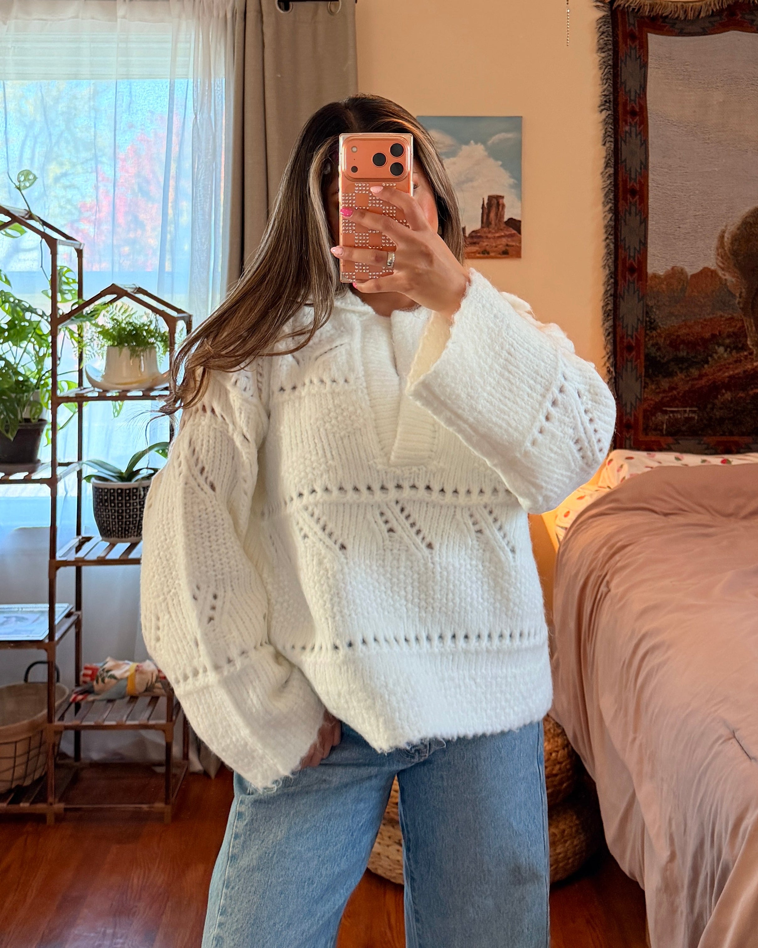 Fuzzy Pointelle Knit Collared Sweater