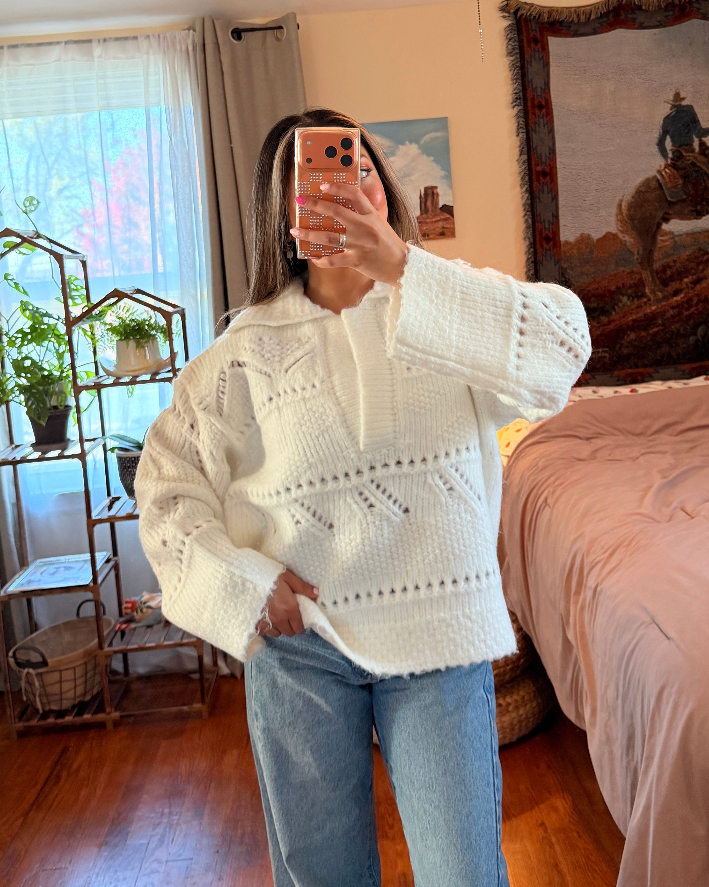 Fuzzy Pointelle Knit Collared Sweater