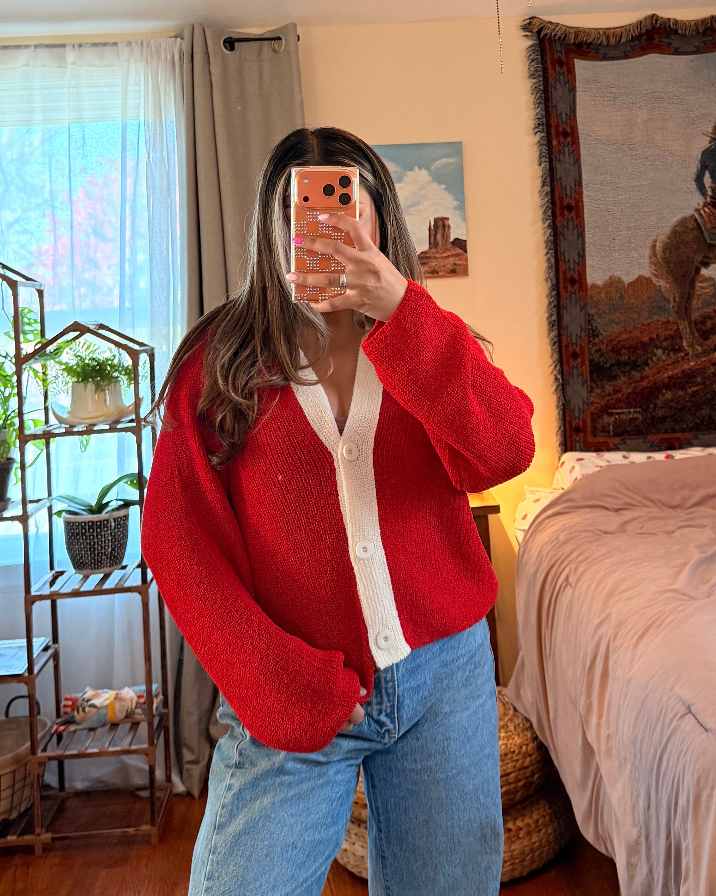 Ribbed Knit V-Neck Cardigan - Red/Cream