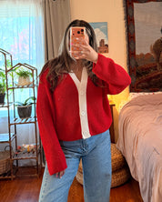 Ribbed Knit V-Neck Cardigan - Red/Cream