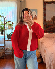 Ribbed Knit V-Neck Cardigan - Red/Cream