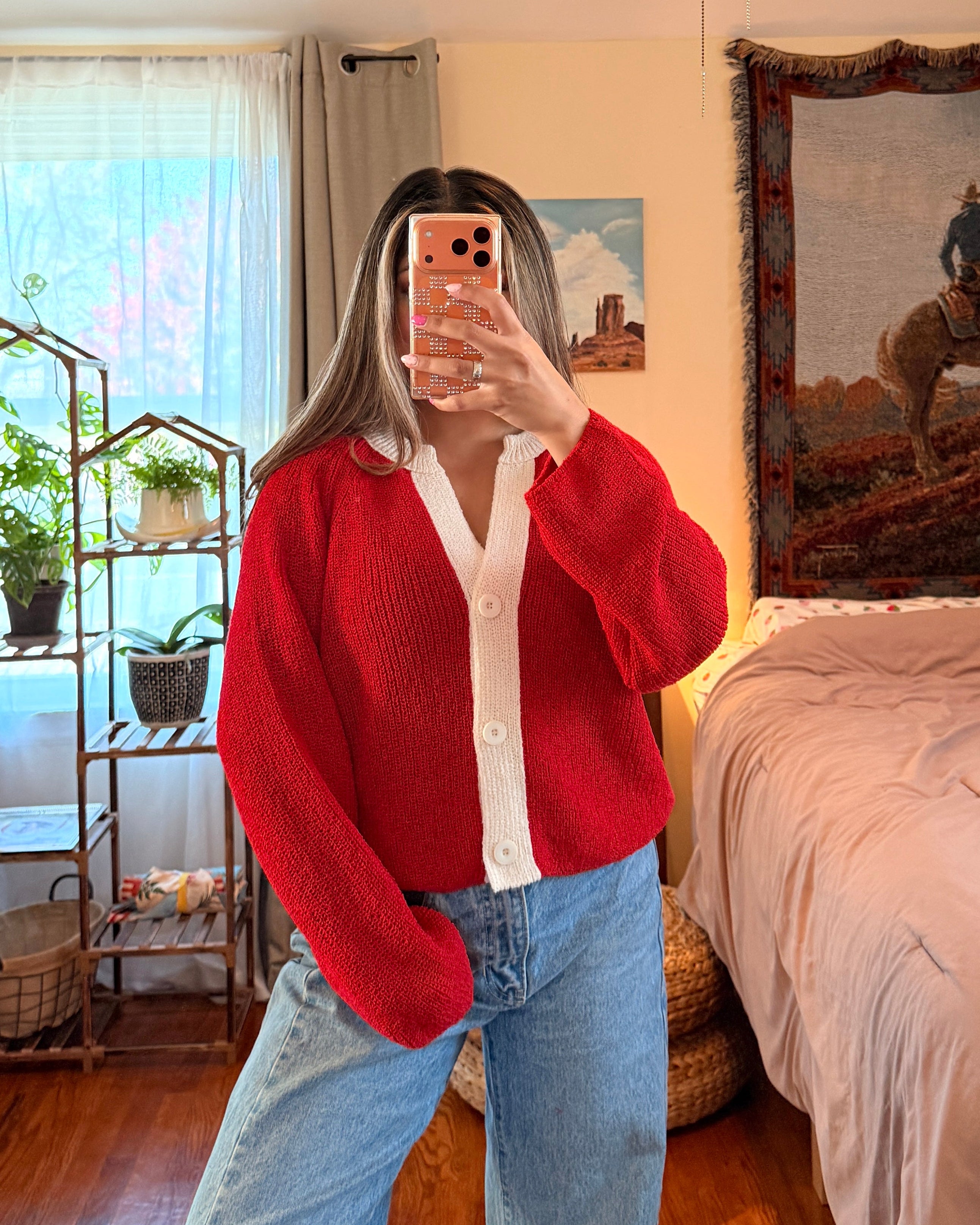 Ribbed Knit V-Neck Cardigan - Red/Cream