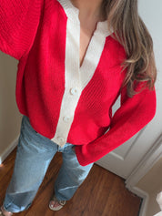 Ribbed Knit V-Neck Cardigan - Red/Cream