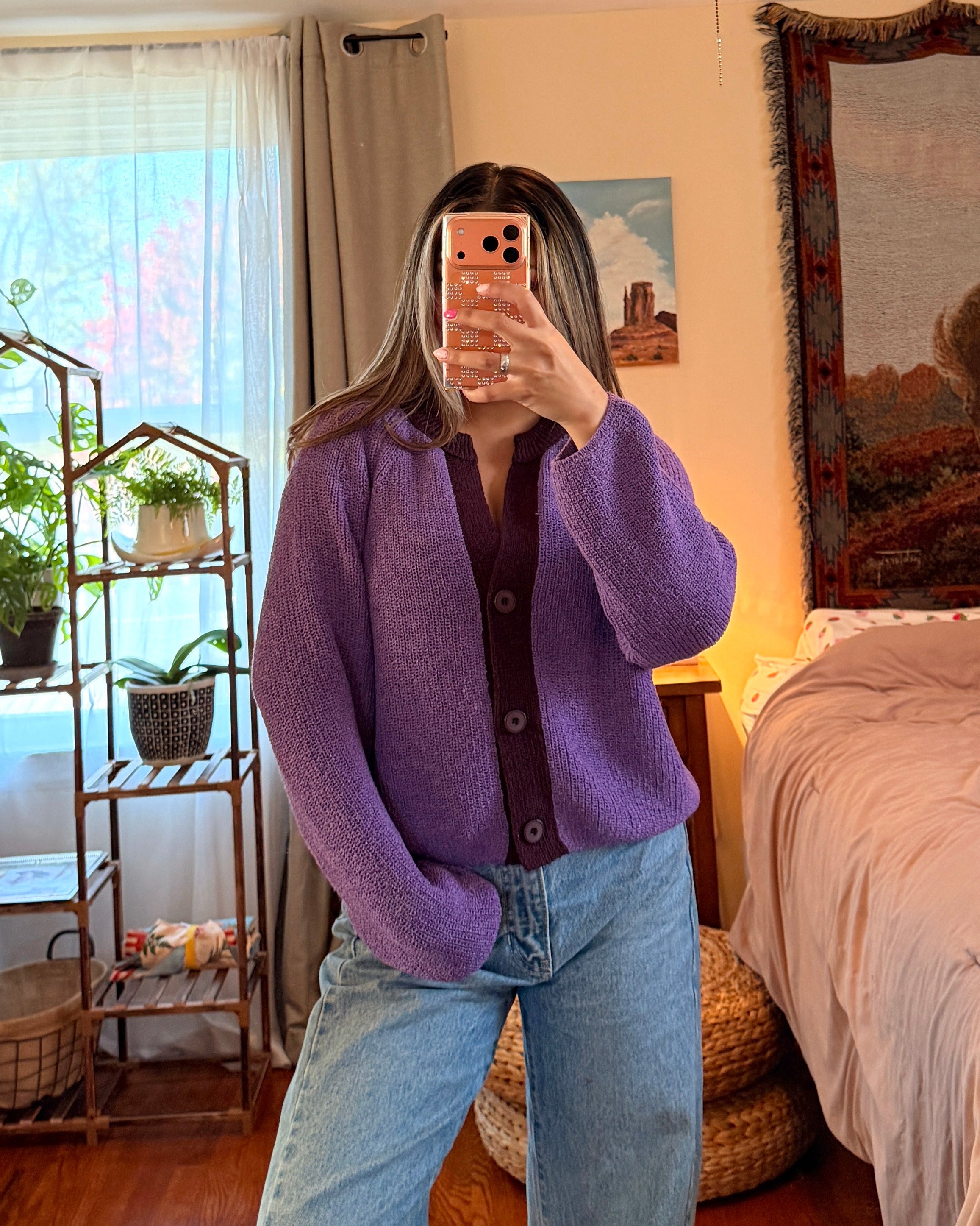 Ribbed Knit V-Neck Cardigan - Purple