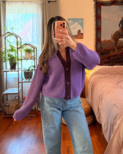 Ribbed Knit V-Neck Cardigan - Purple