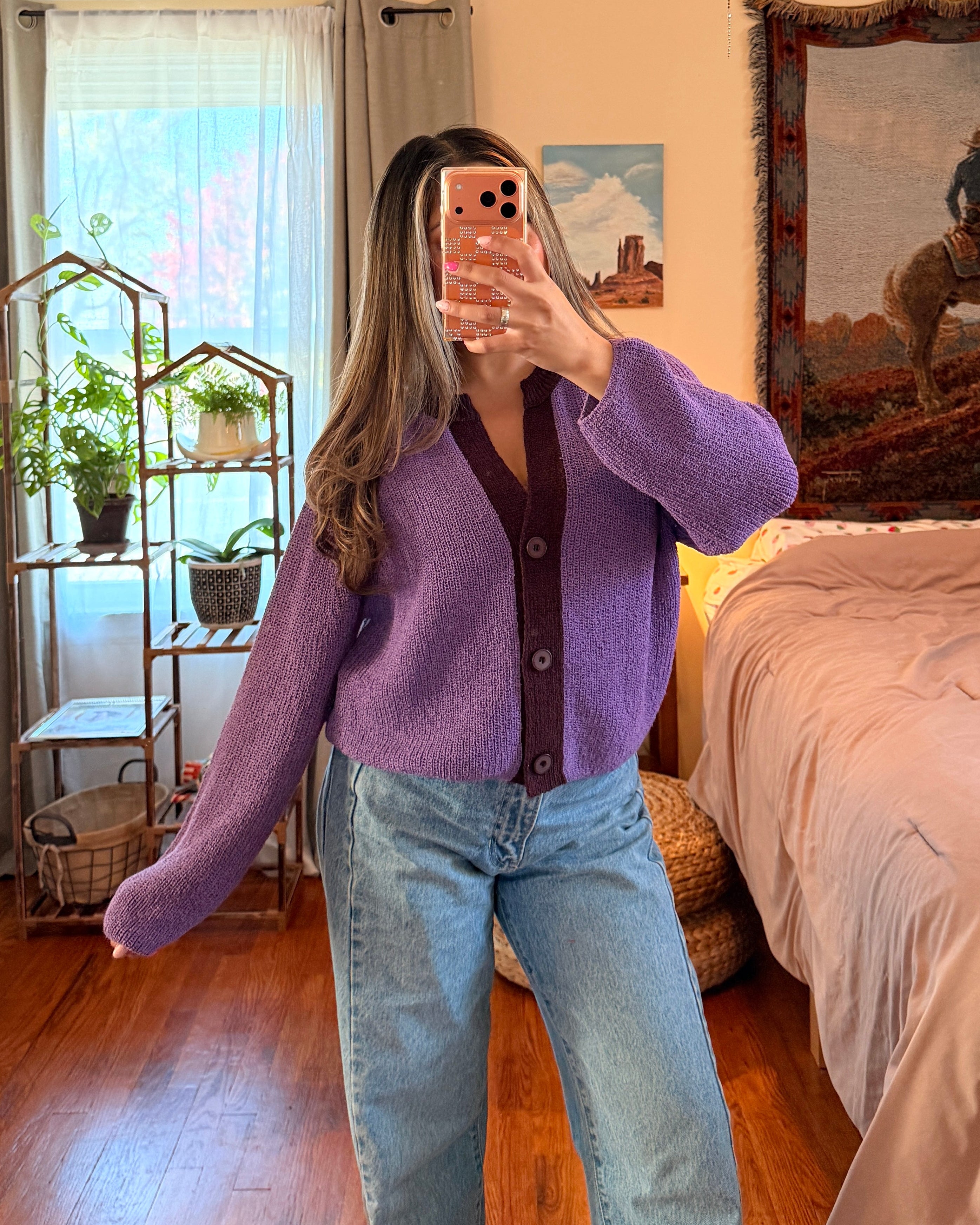 Ribbed Knit V-Neck Cardigan - Purple