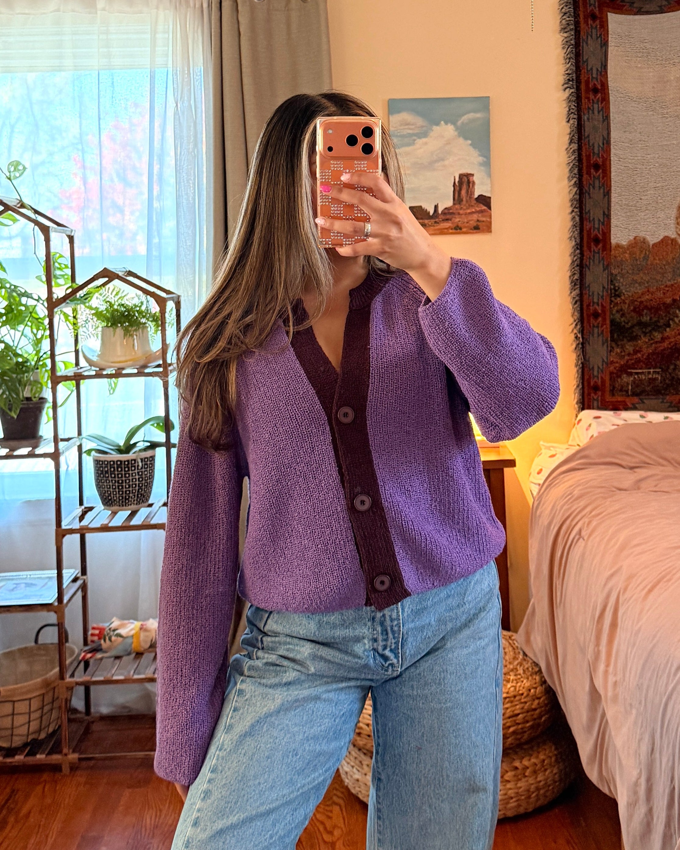 Ribbed Knit V-Neck Cardigan - Purple