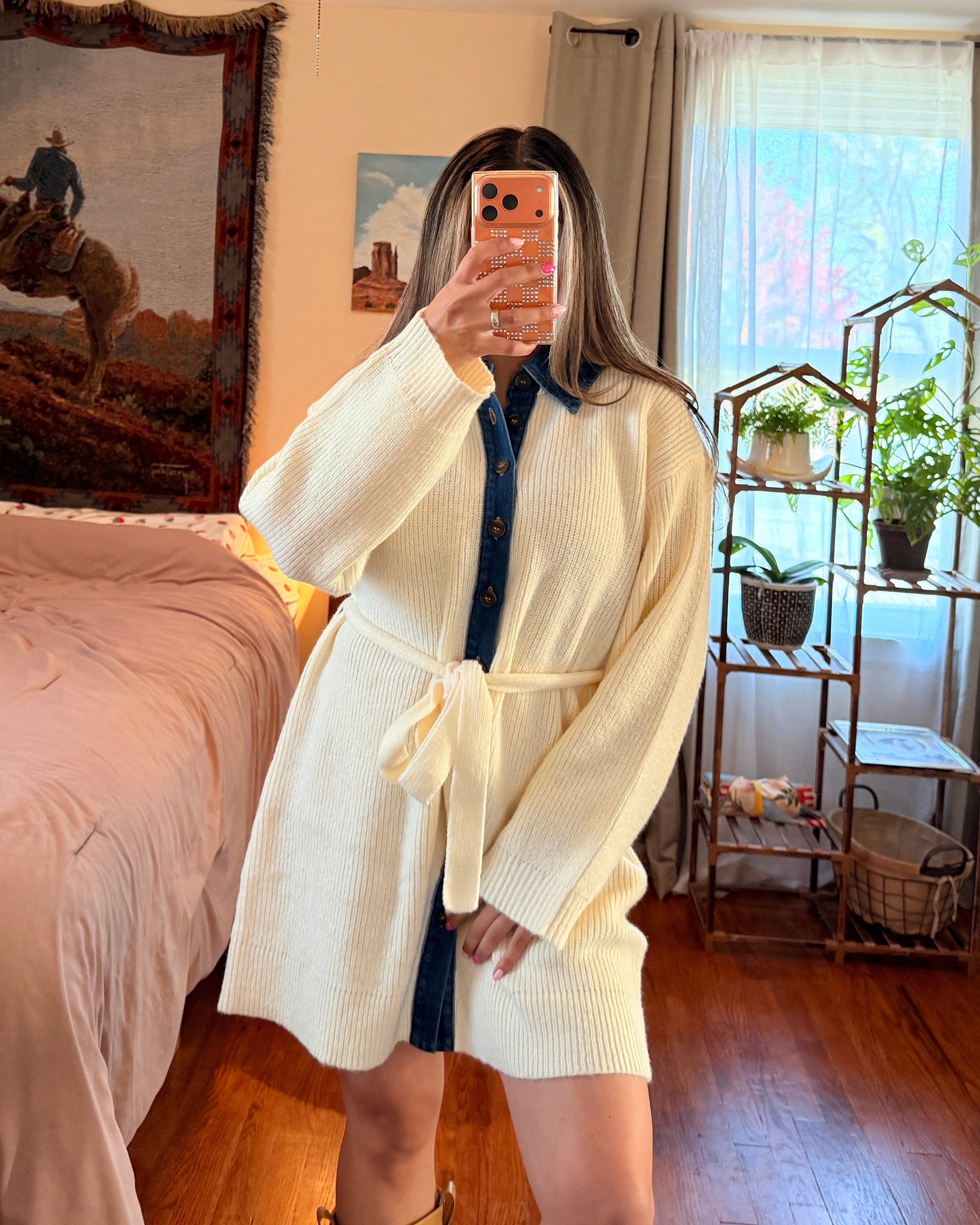 Ribbed Denim Collared Sweater Dress