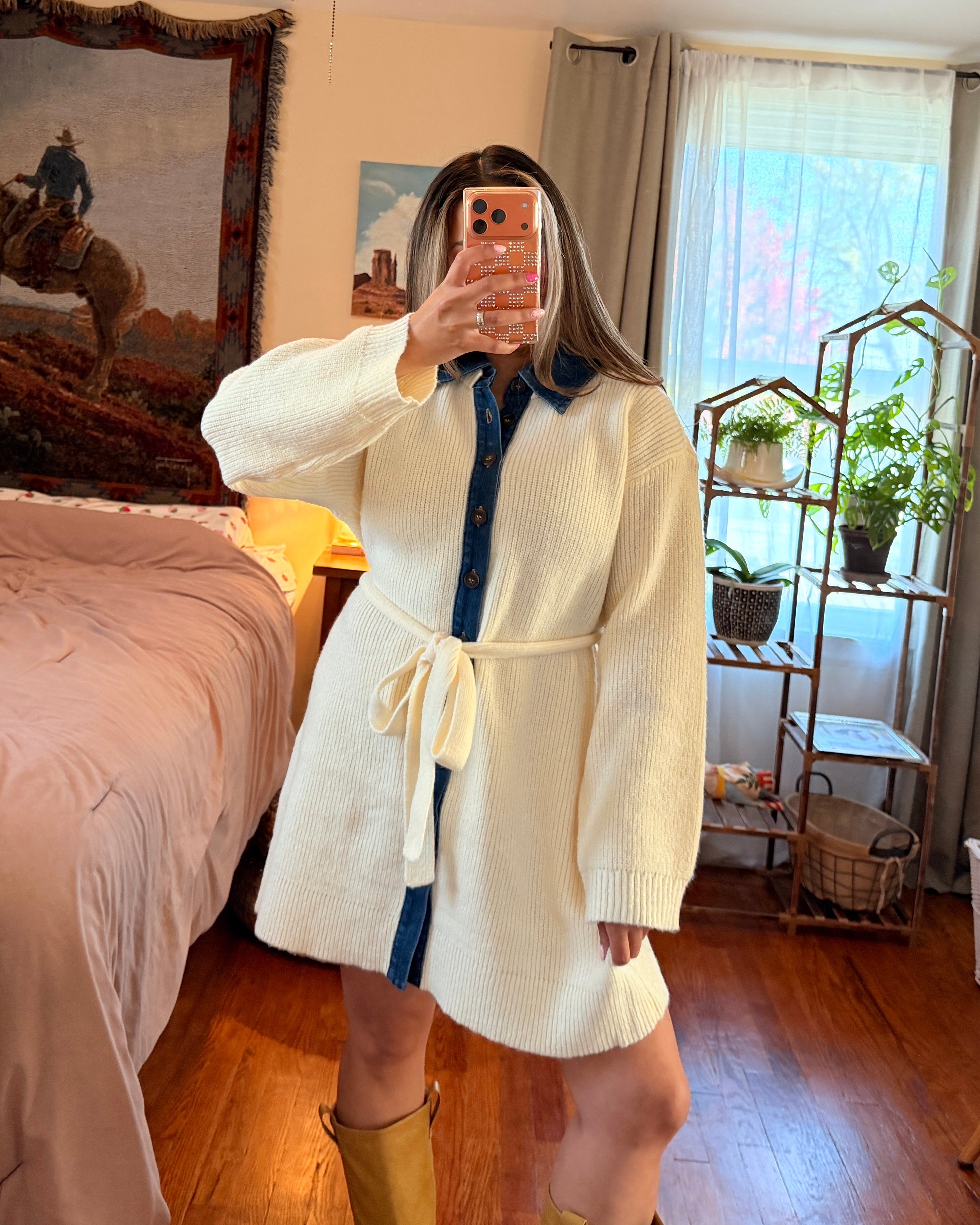 Ribbed Denim Collared Sweater Dress