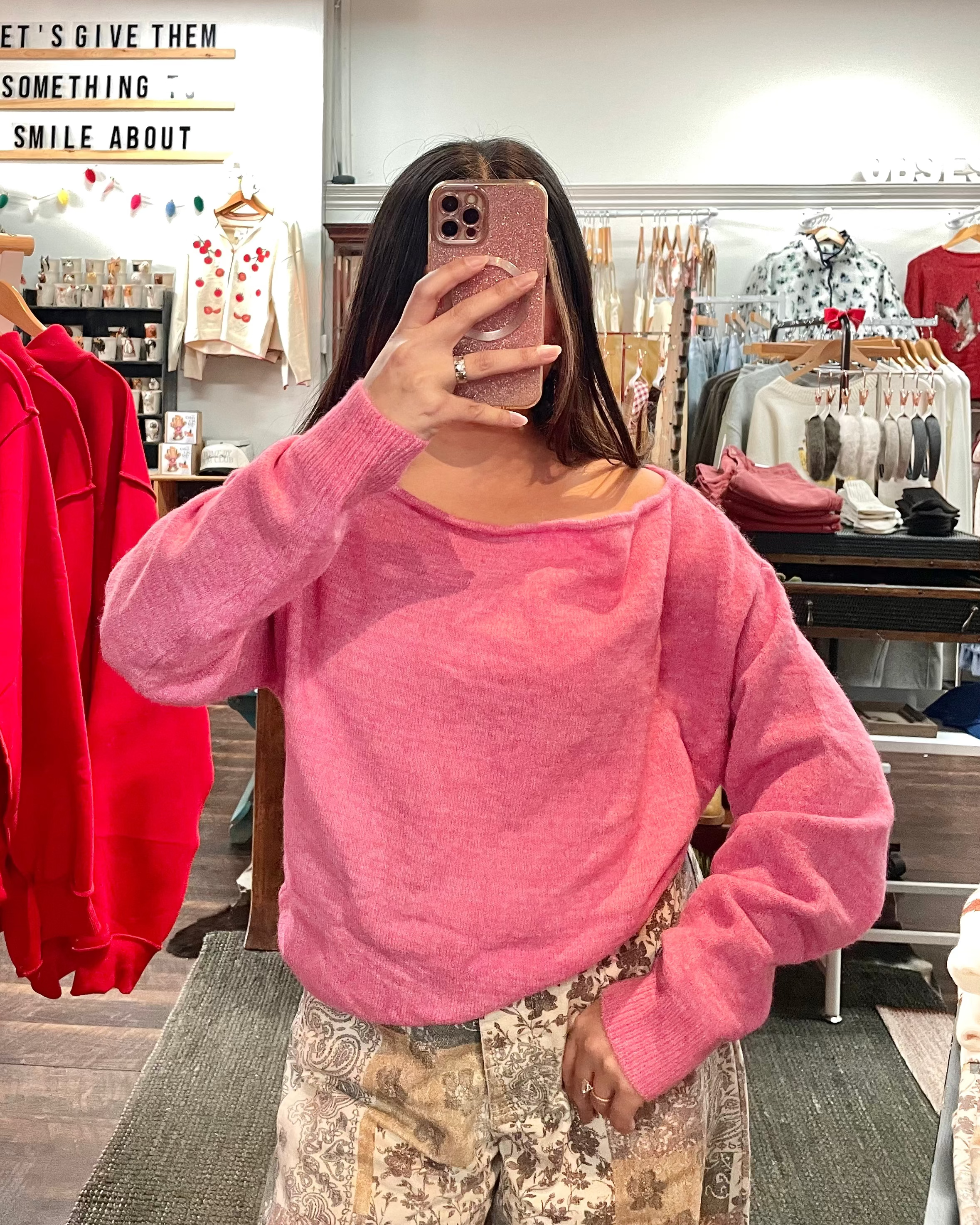 Pink Off Shoulder Knit Sweater