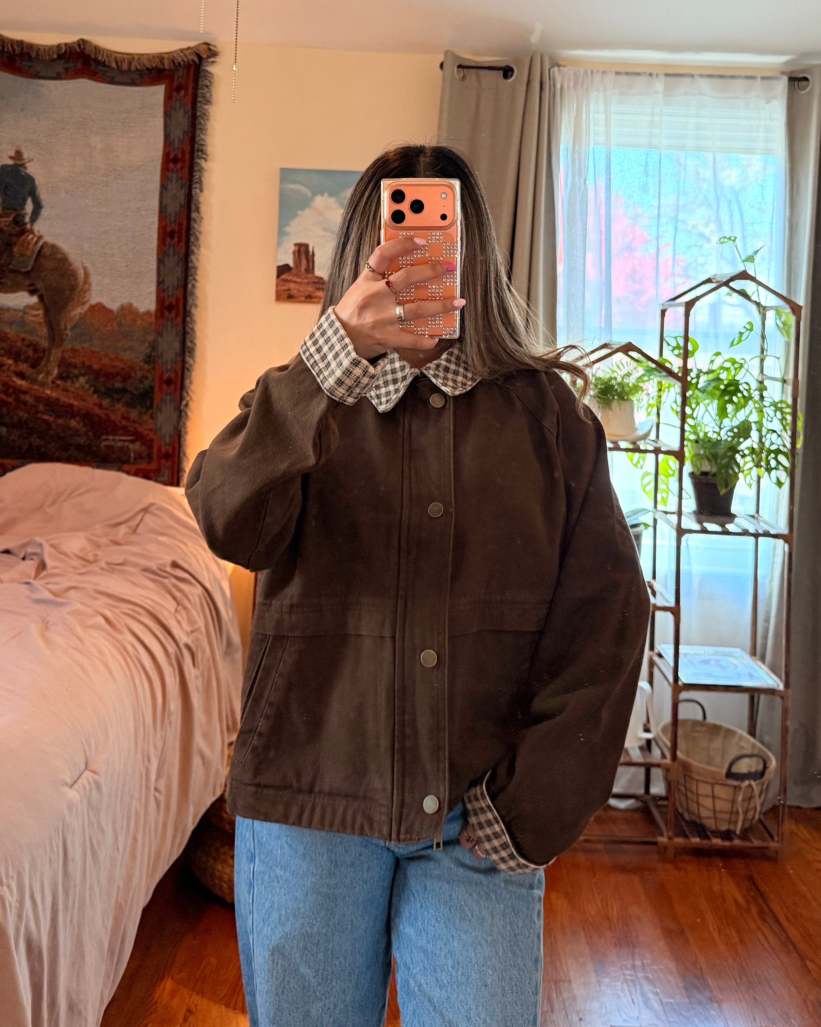 Gingham Collar Canvas Jacket