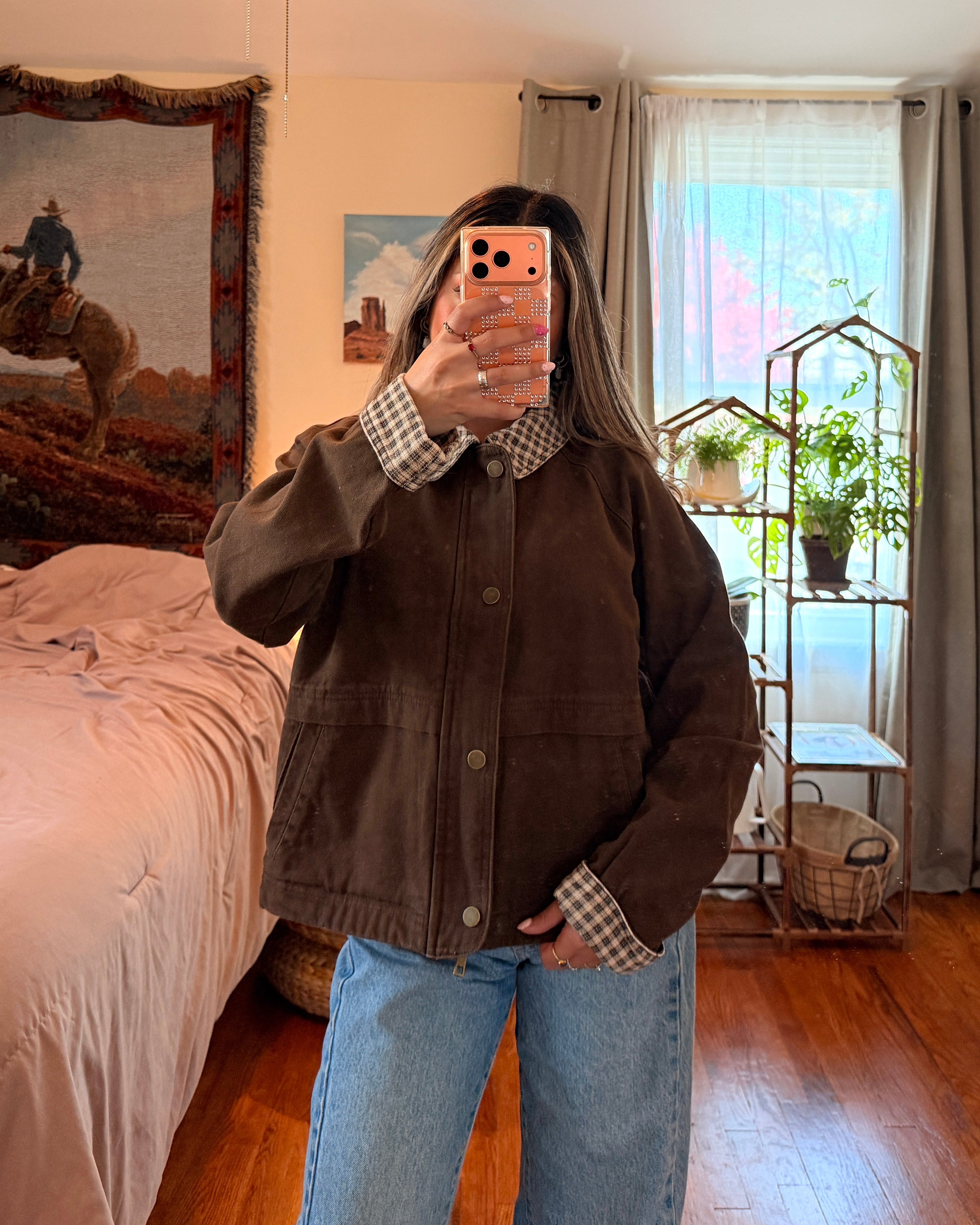 Gingham Collar Canvas Jacket