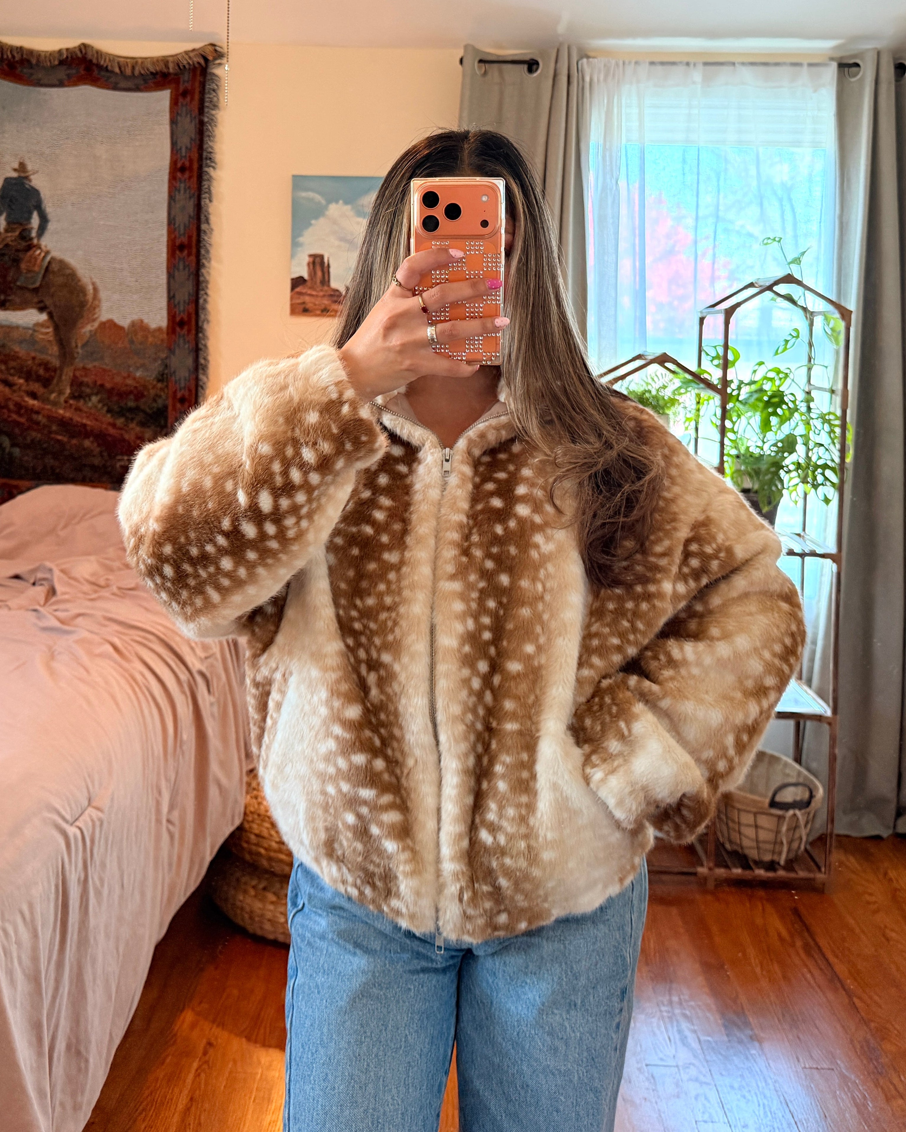 Fuzzy Deer Zip-Up Jacket