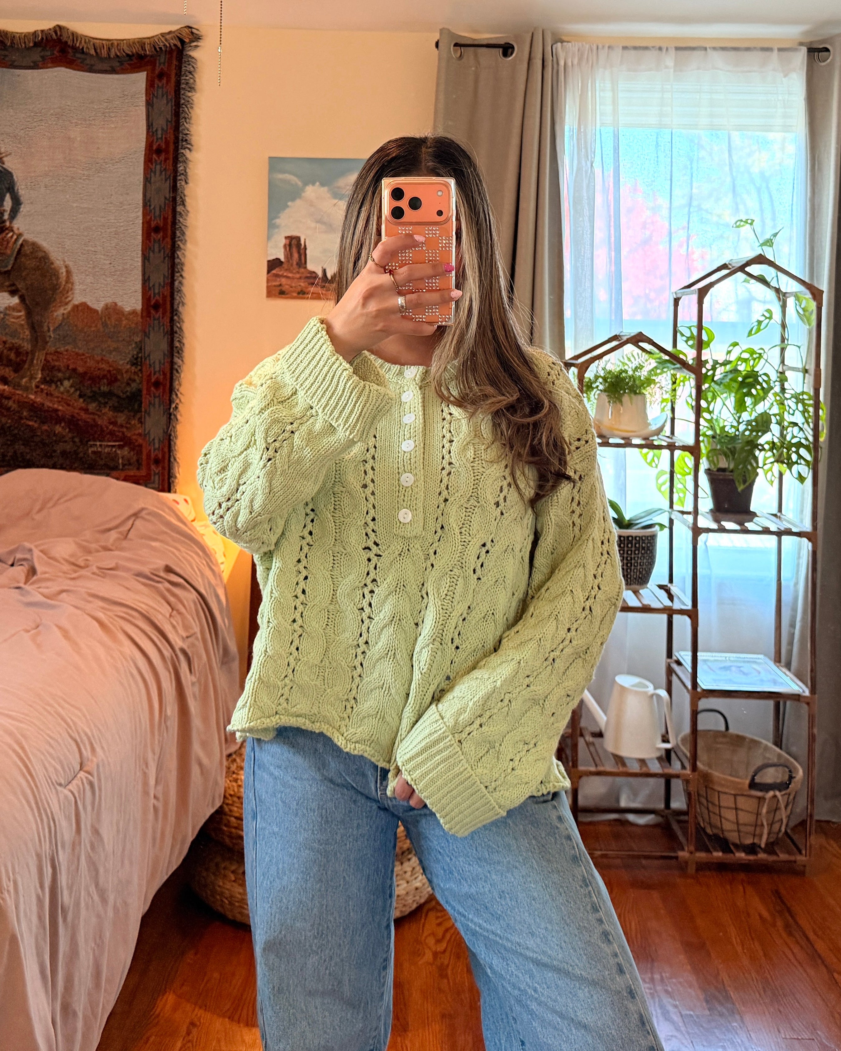 Cable Knit Henley Sweater - Light Green