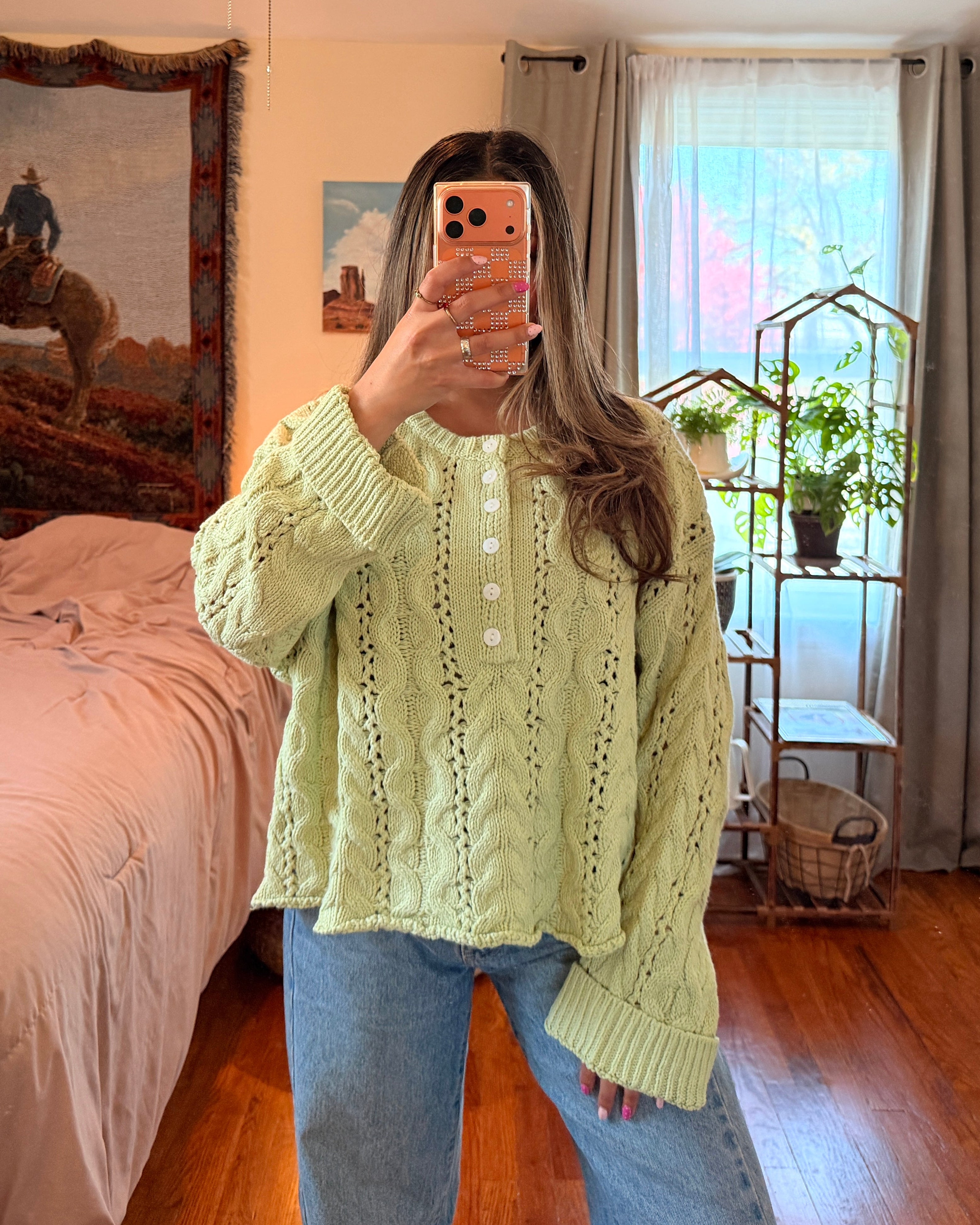 Cable Knit Henley Sweater - Light Green