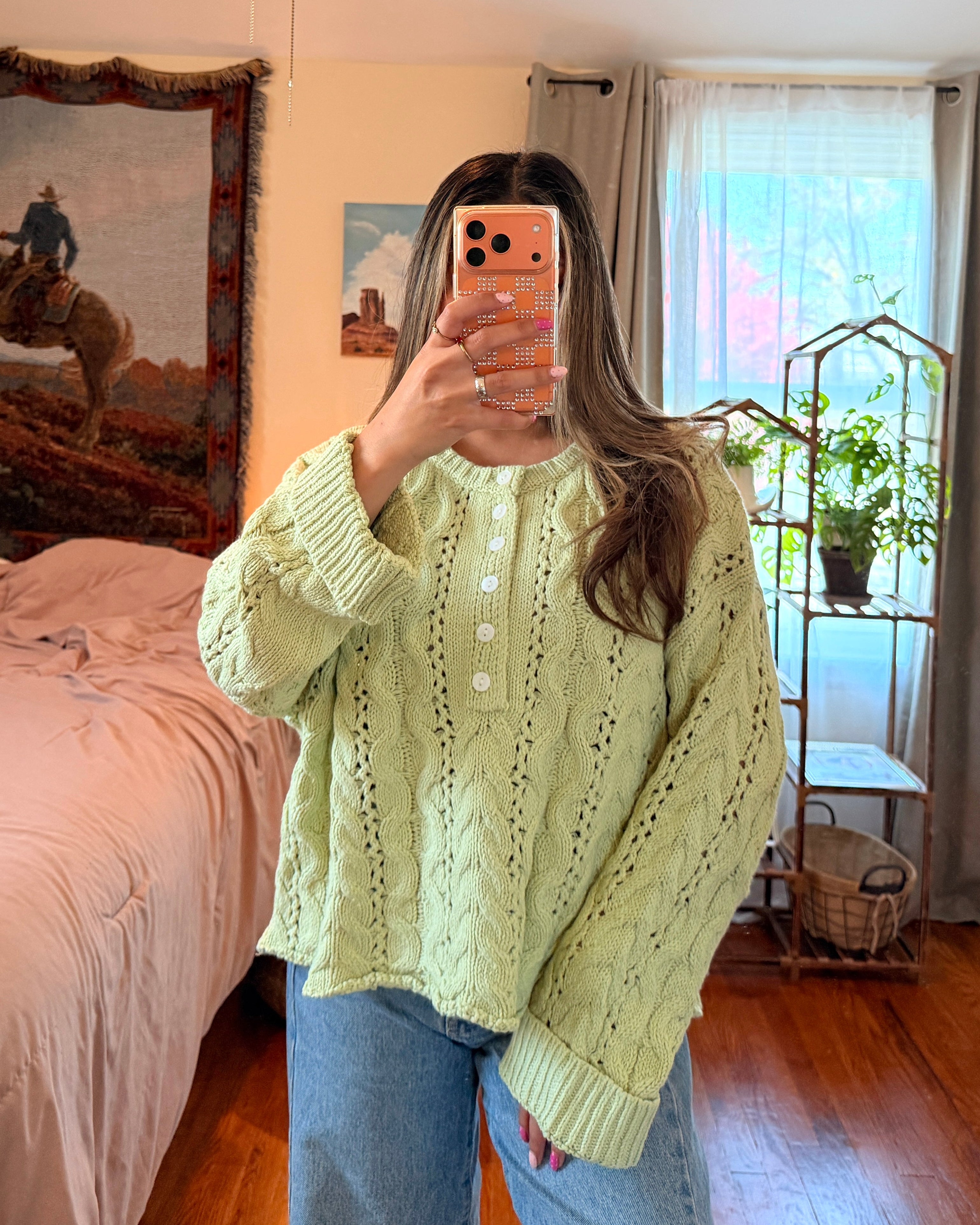 Cable Knit Henley Sweater - Light Green