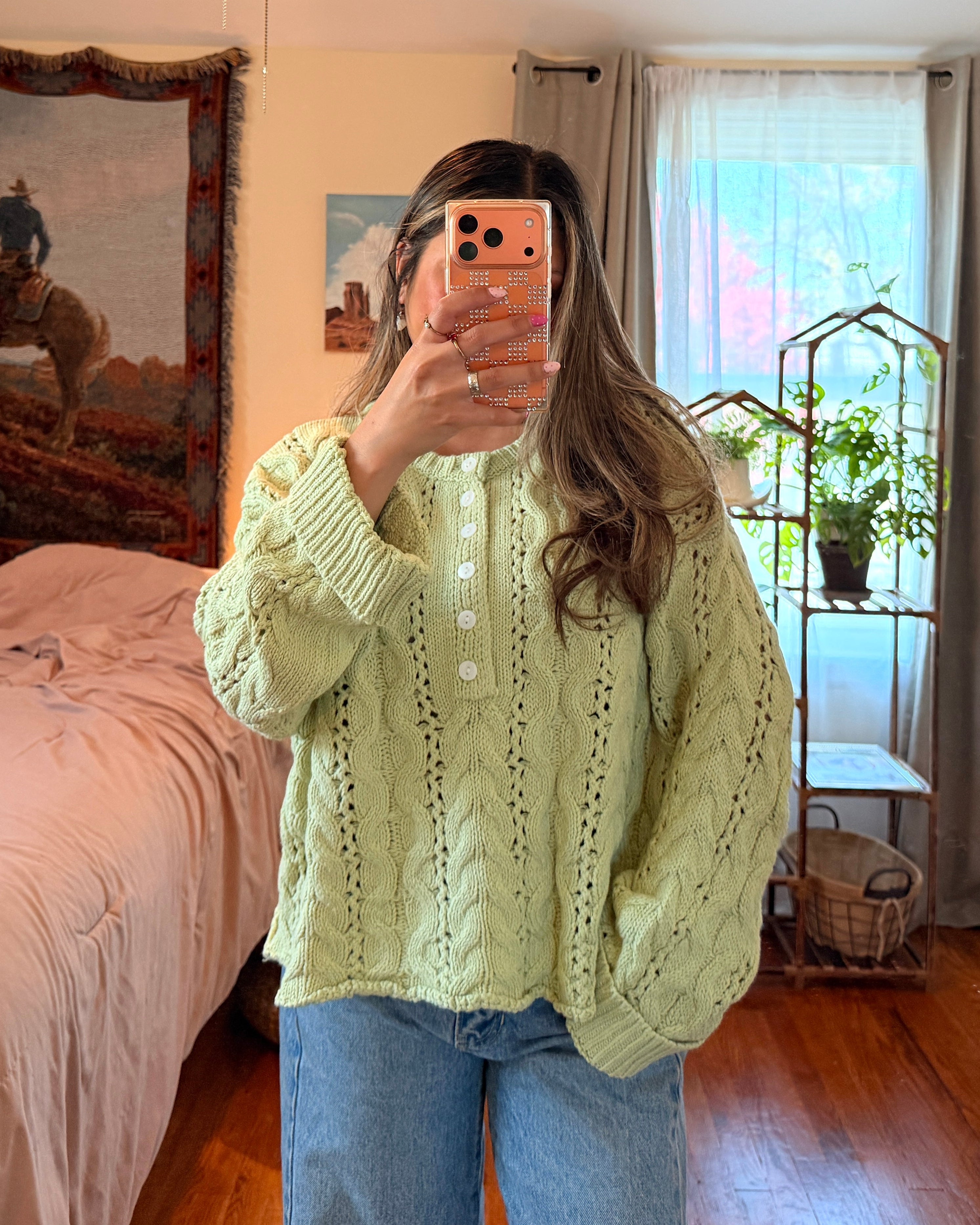 Cable Knit Henley Sweater - Light Green