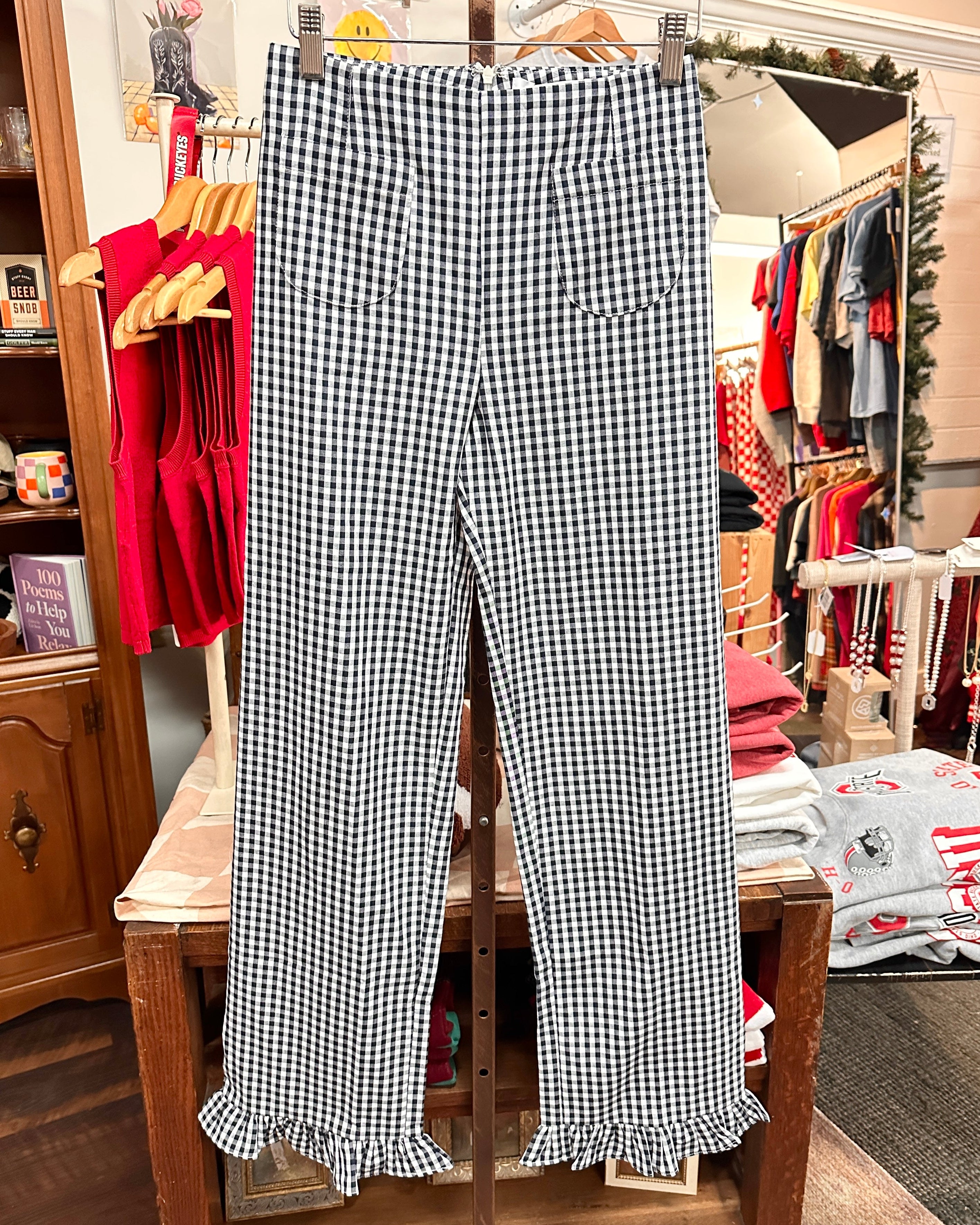 Gingham High-Waisted Ruffled Hem Pants