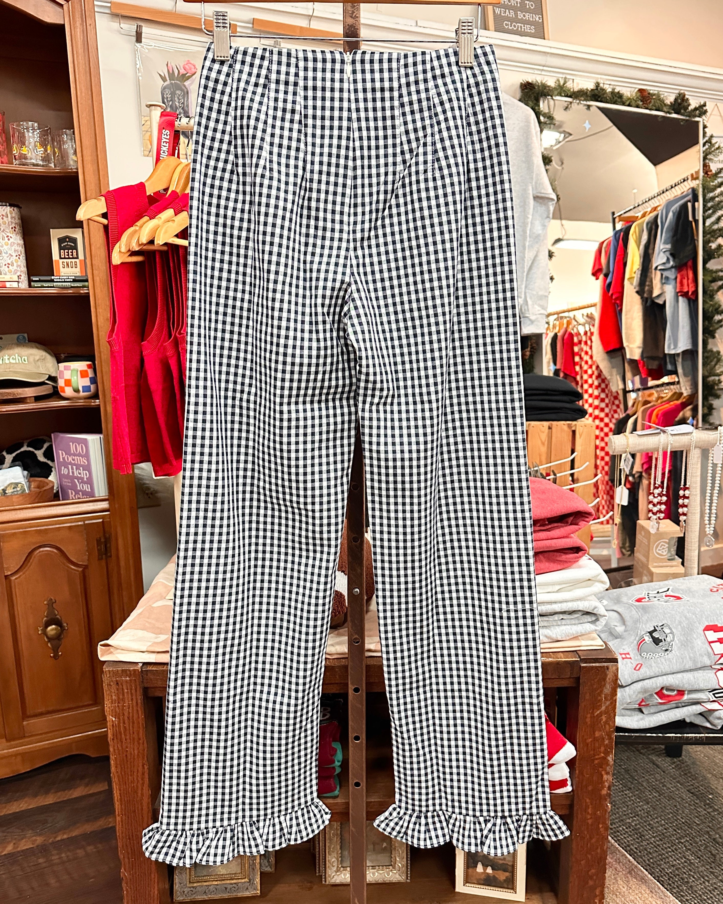 Gingham High-Waisted Ruffled Hem Pants