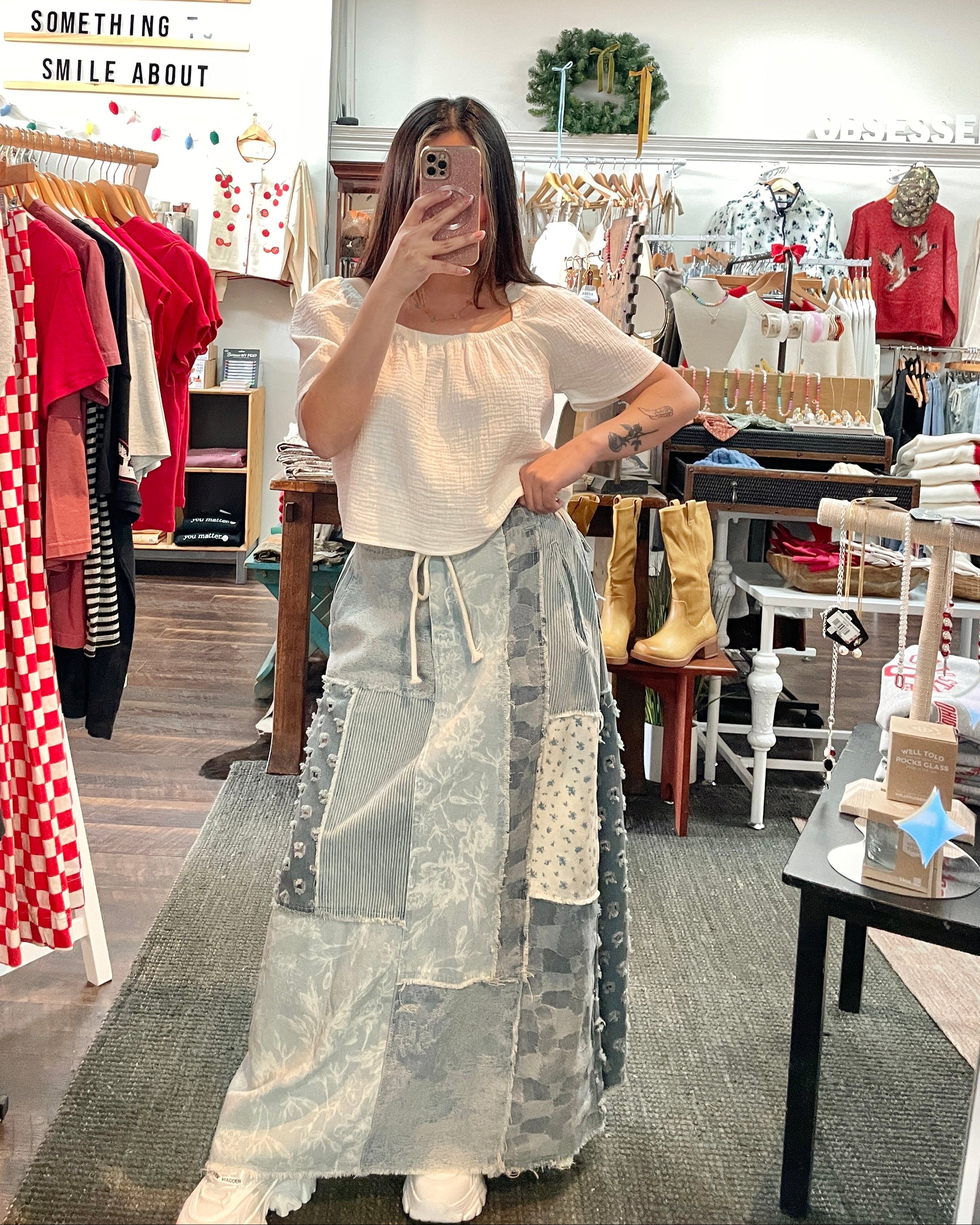 Floral Denim Patchwork Skirt