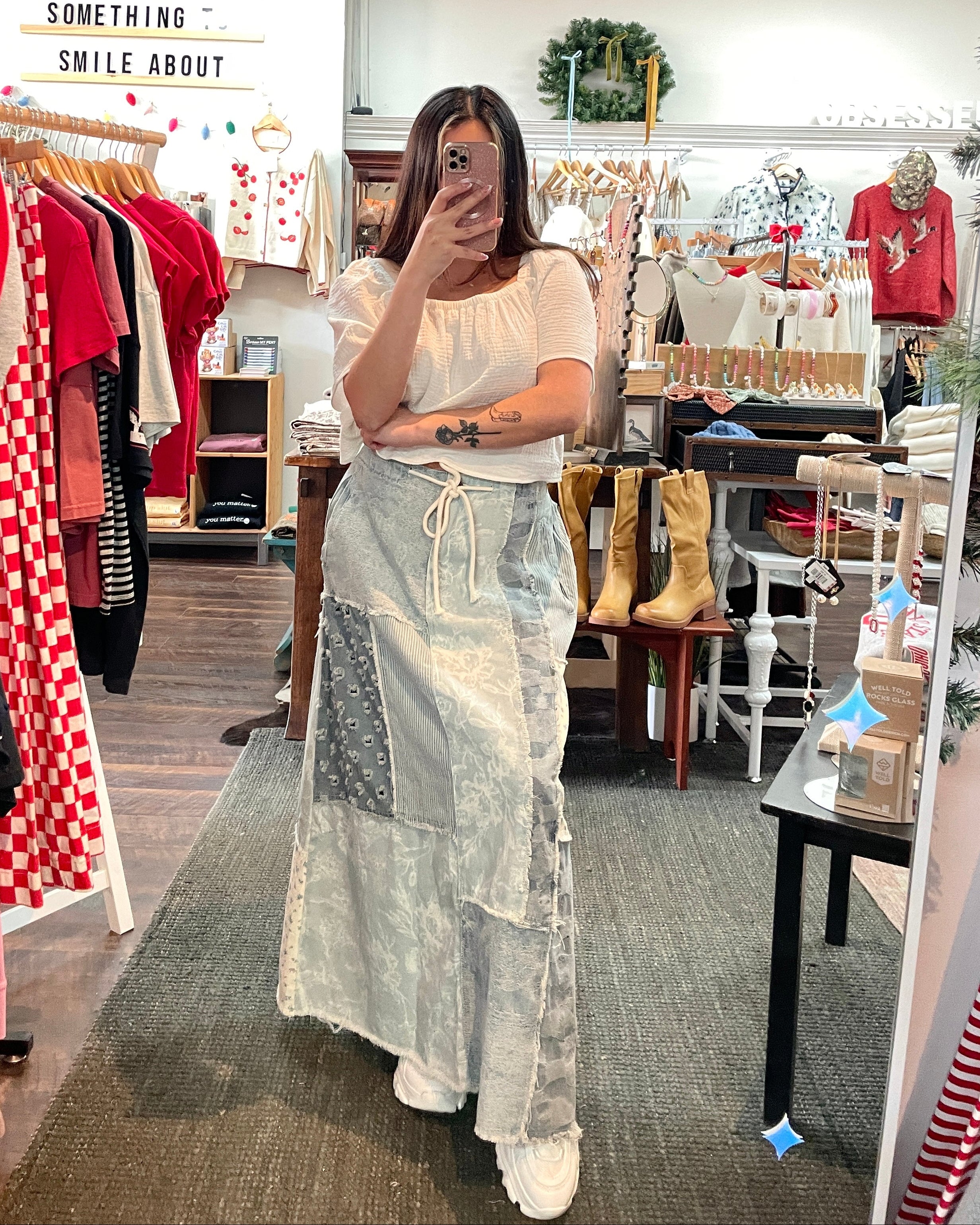 Floral Denim Patchwork Skirt