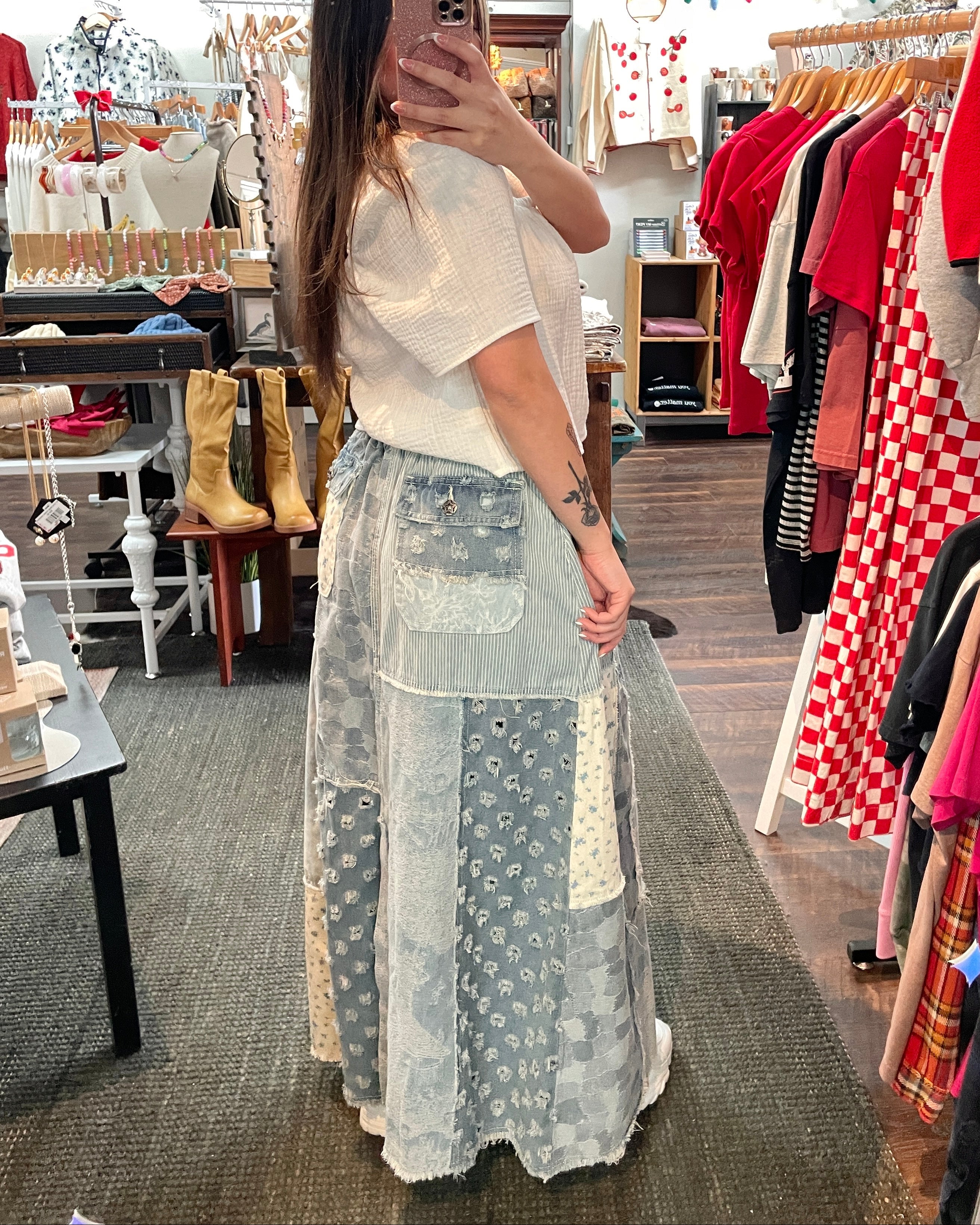 Floral Denim Patchwork Skirt