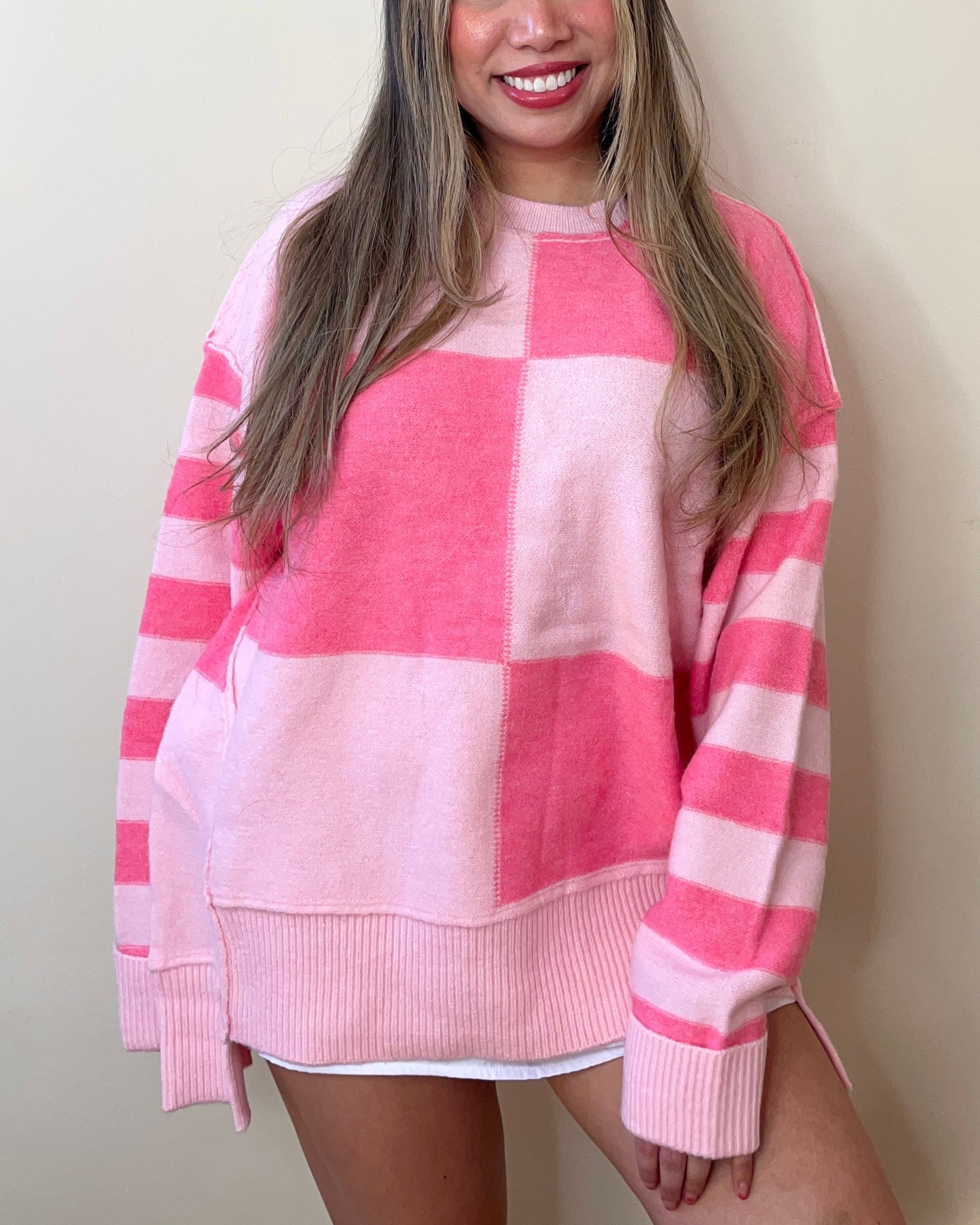 Pink Checkered Colorblock Sweater