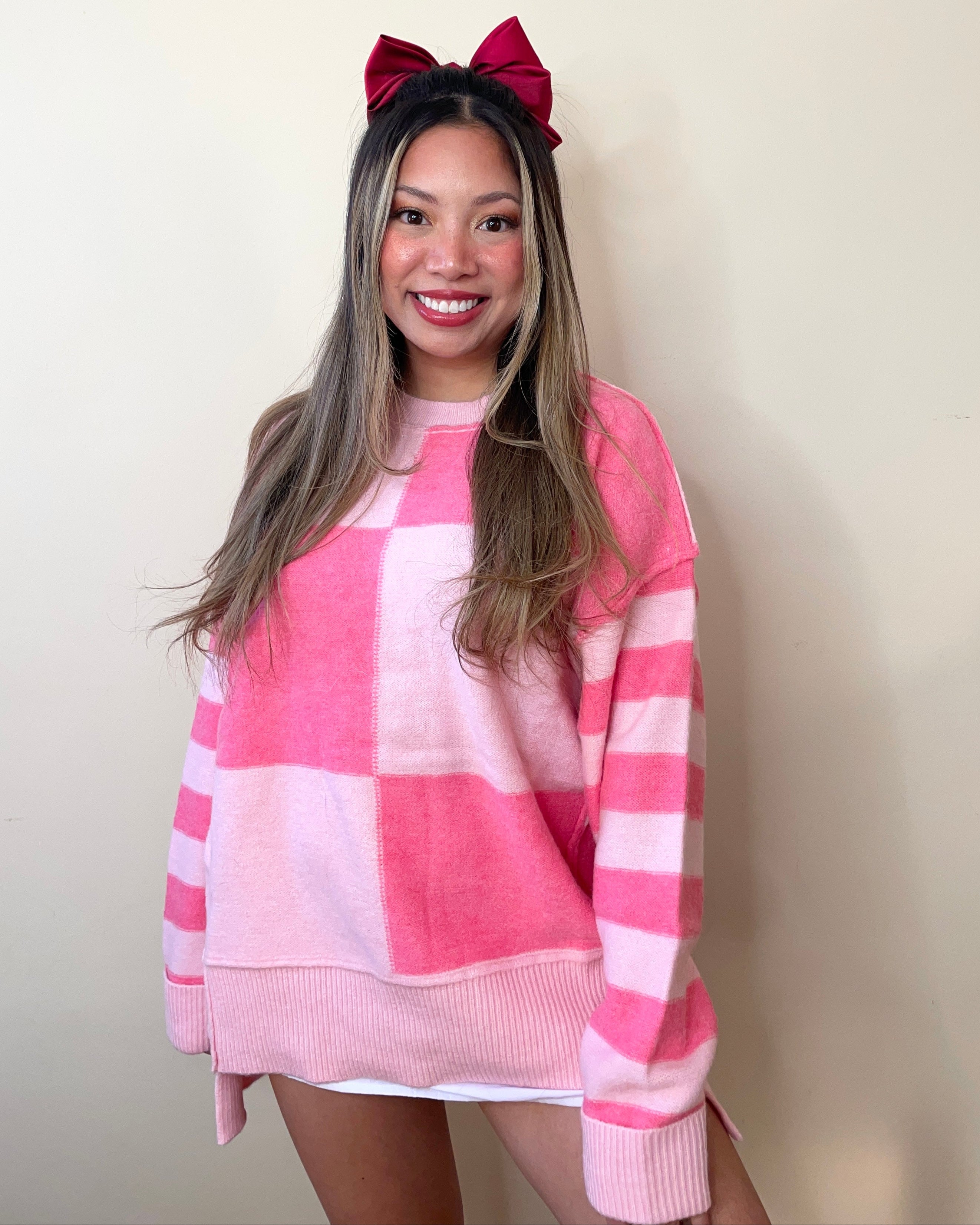 Pink Checkered Colorblock Sweater