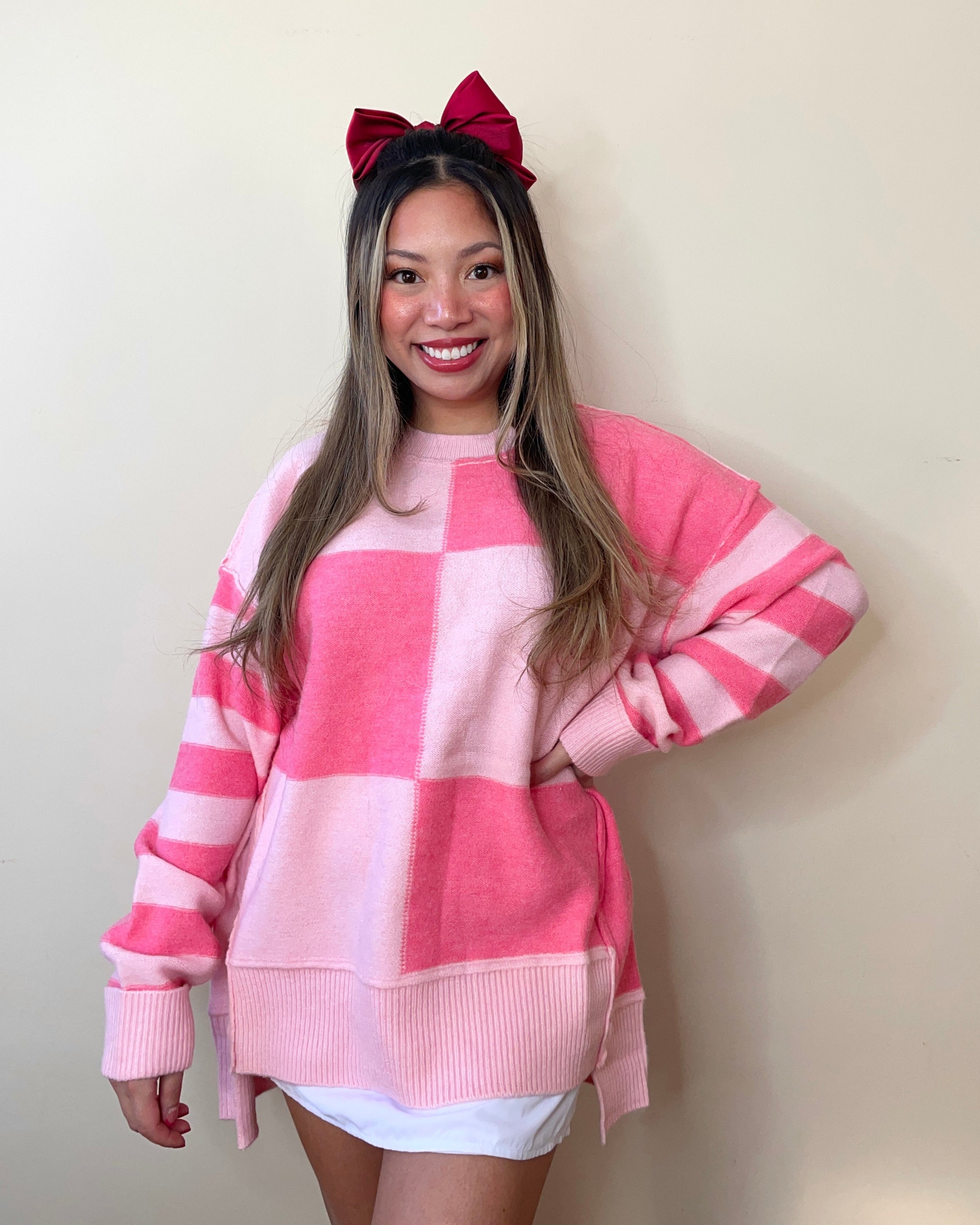 Pink Checkered Colorblock Sweater