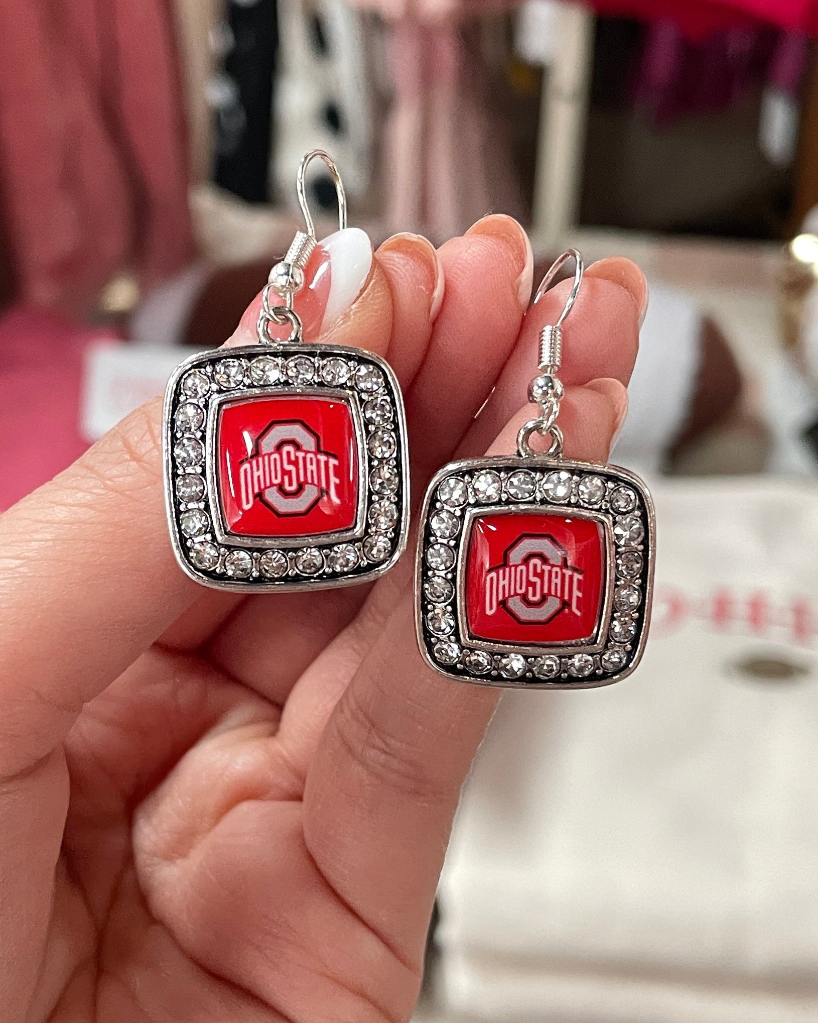 Ohio State Logo Square Bedazzled Earrings - Silver