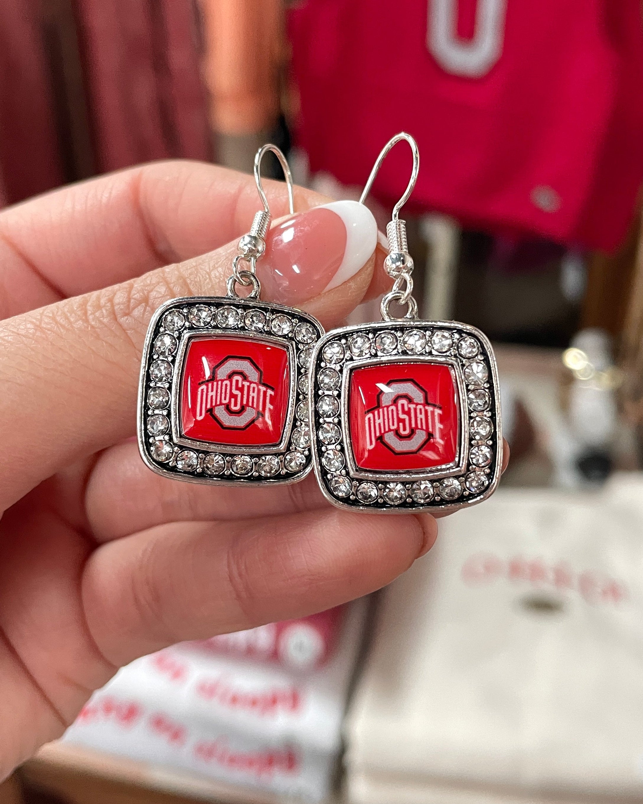 Ohio State Logo Square Bedazzled Earrings - Silver