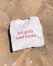 Hot Girls Read Books Light Ash Gray Crewneck - Hot Pink Thread