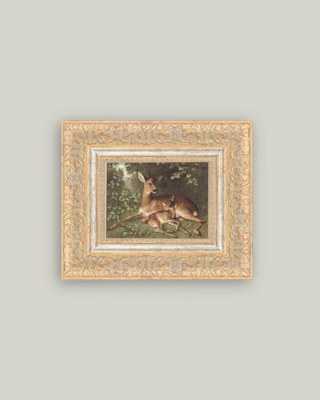 Doe with Fawn Framed Antique Art - 9x7