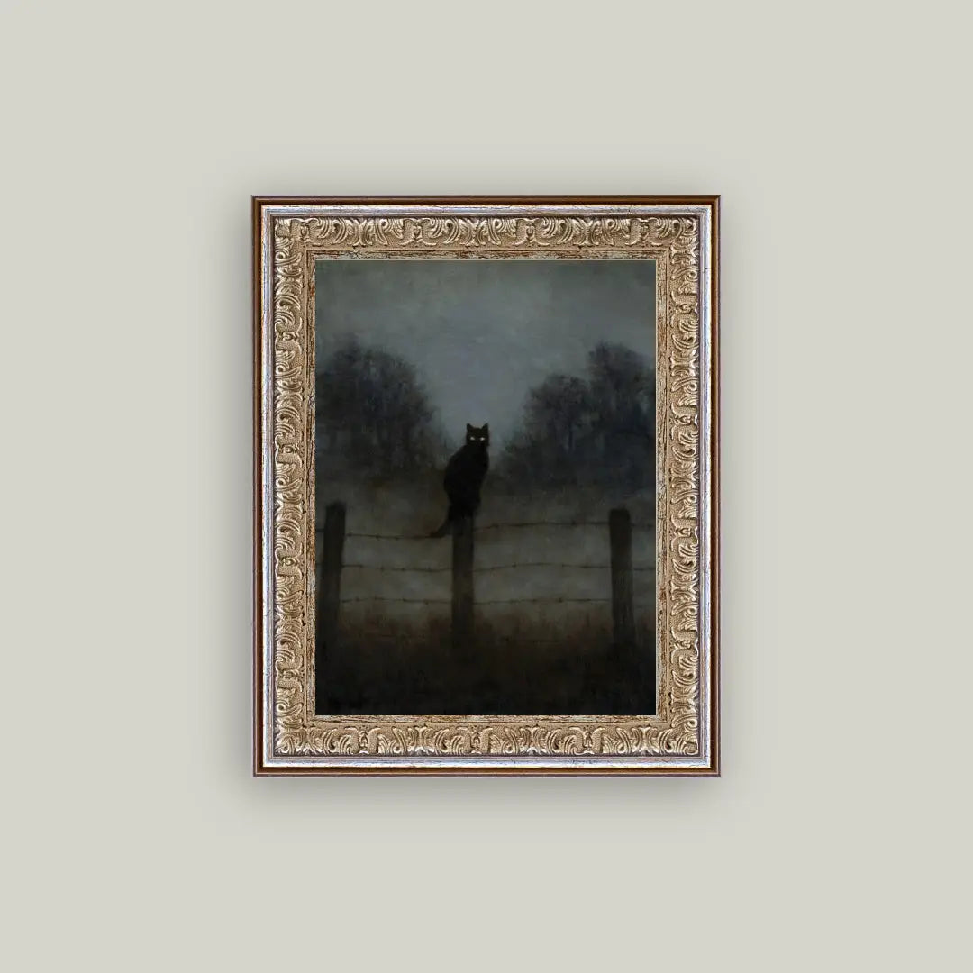 Black Cat in the Night Framed Antique Art - 8x10