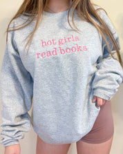 Hot Girls Read Books Steel Gray Crewneck - Hot Pink Thread